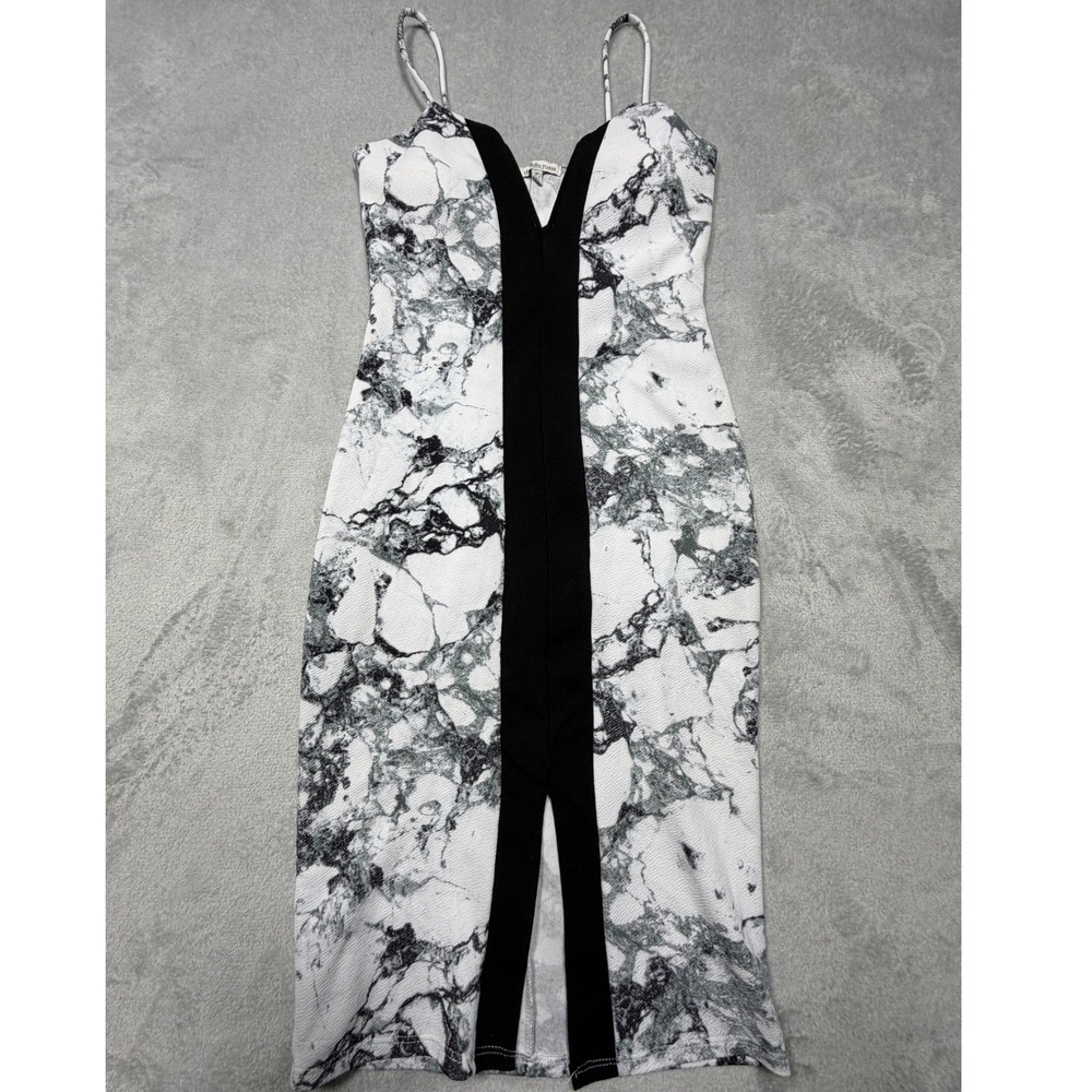 2010s Charlotte Russe Black White Marble Print Bodycon Midi‎ Dress Medium Deep V